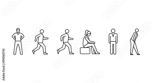line art stick figures demonstrating diverse human actions and poses including standing walking running sitting and bending