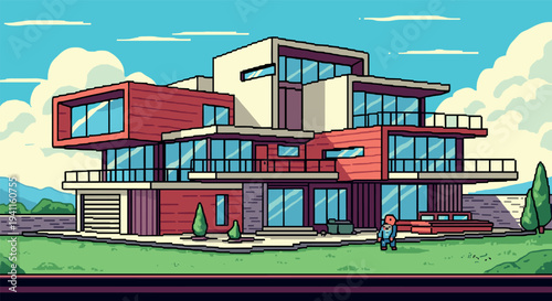 Charming modern home in retro pixel art style with lush greenery and blue skies