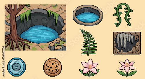 Pixel art nature elements: water wells and flora for game design