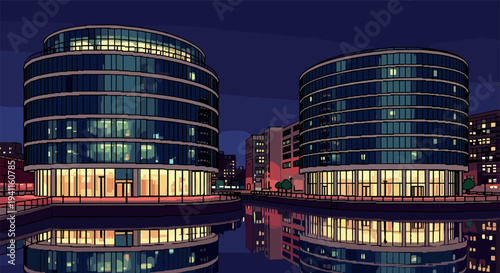 Modern cityscape at night with reflections in water