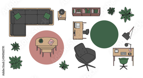 overhead view of modern home and office furniture plants and decor items in a flat lay perfect for interior design concepts and floor plans.