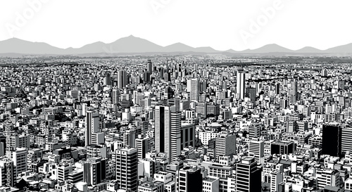 Monochrome urban cityscape with skyline and distant mountains