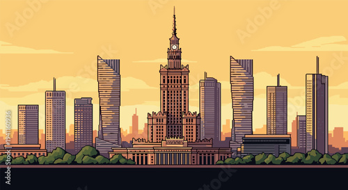 Pixel art cityscape with skyscrapers and historic building at sunset