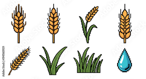 Retro pixel art wheat and grass collection with water droplet icon