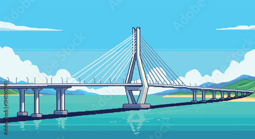 Pixel art bridge over turquoise water with mountains and blue sky background