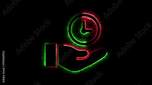 Glowing Business time management concept clock in helping hand saber effect animation on black background