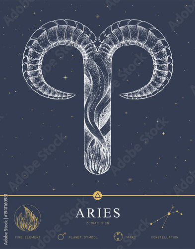 Modern magic witchcraft card with astrology Aries zodiac sign characteristic. Hand drawing art product. Vector illustration