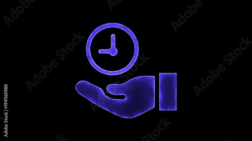 Neon Business time management concept clock in helping hand saber animation on black screen background