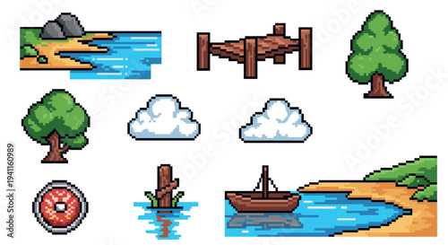 Nostalgic pixel art of summer lakeside with trees, boat, and clouds