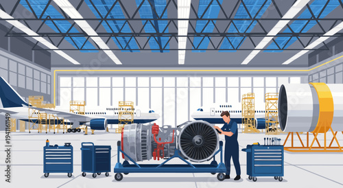 Vector illustration of an aircraft engine being serviced in a modern hangar with airplanes in background