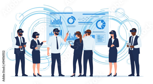 Futuristic Virtual Reality Technology Team Meeting Vector Illustration with Holographic Displays and Data Visualization