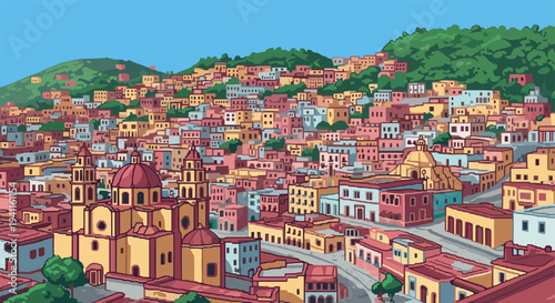 Colorful pixel art cityscape with colonial architecture and vibrant hillside houses