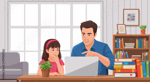 Father Teaching Daughter On Laptop With Bookshelf In Background - Vector Illustration