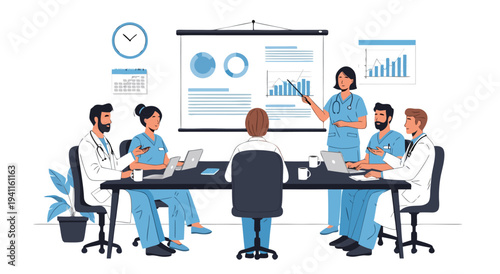 Medical Team Meeting Vector Illustration Showing Healthcare Professionals Discussing Data and Charts During a Presentation