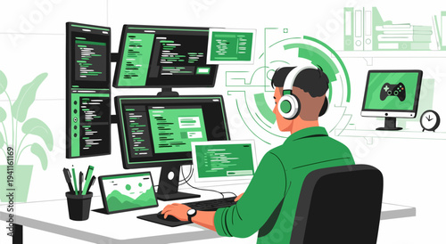 Illustration of a programmer at a desk with multiple monitors showing code and a game, vector art