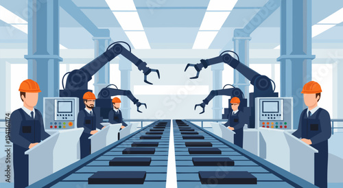 Automated factory production line in a modern industrial setting, vector illustration