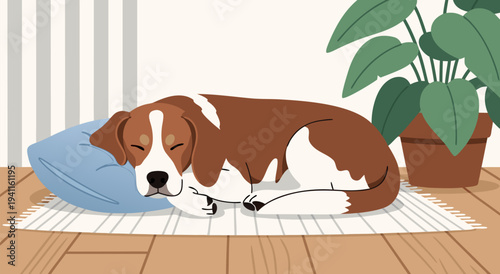 Cozy Brown and White Dog Sleeping Peacefully on a Blue Pillow - Vector Illustration for Comfort and Relaxation
