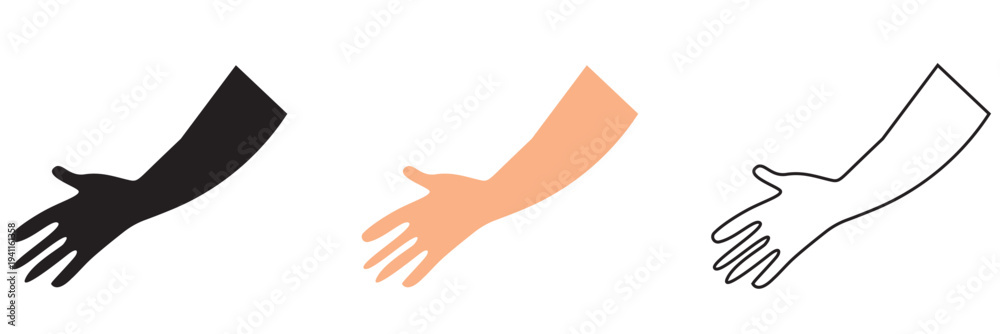 Fototapeta premium Three Hand Gesture Styles Vector. Set of three human hand gesture illustrations including solid silhouette, flat color skin tone, and outline style isolated on light background.