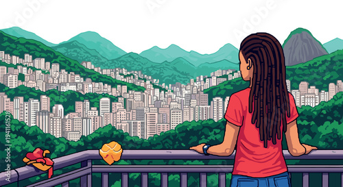 Pixel art cityscape: woman with braids enjoying mountain view from balcony