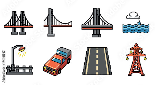 Pixel art infrastructure elements: bridges, roads, and utilities in a retro style