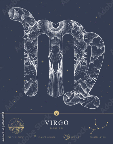 Modern magic witchcraft card with astrology Virgo zodiac sign characteristic. Hand drawing art product. Vector illustration