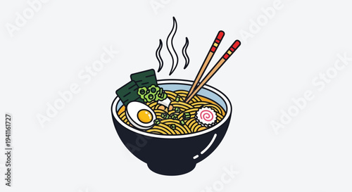 Japanese Ramen Noodle Soup Bowl with Egg, Seaweed, and Chopsticks - Delicious Asian Food Illustration