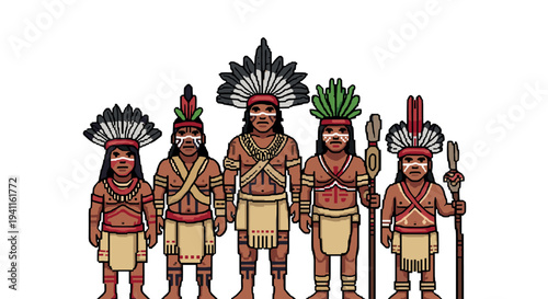 Pixel art indigenous warriors: tribal attire and traditional headdresses