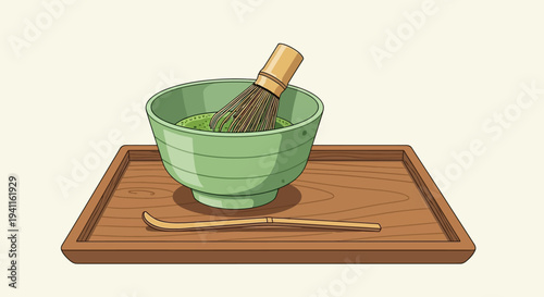 Traditional Japanese Matcha Tea Ceremony Preparation with Whisk and Bowl