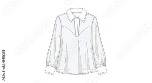 Elegant white collared blouse with a V-neck and voluminous long sleeves with cuffs, a stylish and sophisticated piece for women's fashion.