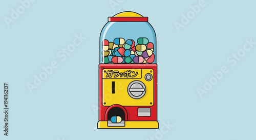 Gachapon Machine Dispensing Pills on Blue Background