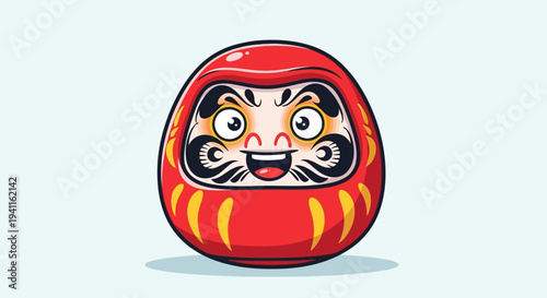 Happy Red Daruma Doll Cartoon Character with Big Eyes and Grinning Mouth