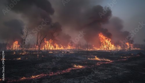 Wildfire burning field with flames and smoke across scorched landscape