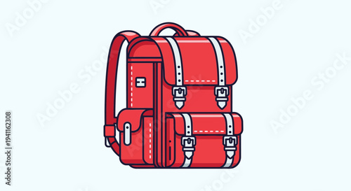 Red School Backpack, Vintage Satchel Style, Isolated on White Background