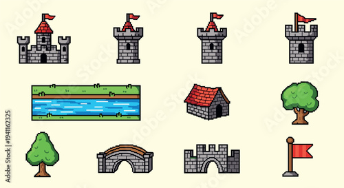 Pixel art medieval castle elements with river, trees, bridges and flags