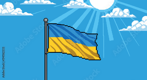 Waving ukraine flag pixel art with sun and clouds in bright blue sky