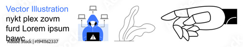Cybersecurity, identity theft, digital fraud, online protection, technology innovation, data privacy. Hooded hacker with laptops, abstract plants and minimalistic hand illustration. Cybersecurity