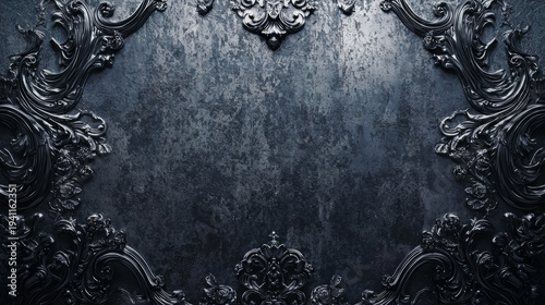 Dark gothic background with ornate last century motifs and faded silver textures