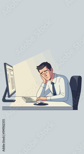 Tired businessman working late at desk, feeling exhausted and bored with computer screen