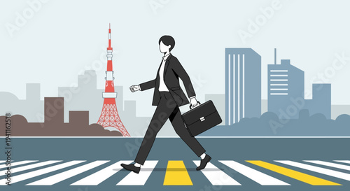 Businessman crossing street in Tokyo with Tokyo Tower and cityscape background
