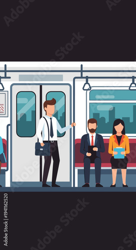 Commuters on a subway train, business people traveling in urban transport