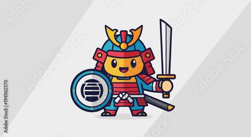 Cute Cartoon Samurai Warrior with Sword and Shield, Kawaii Style