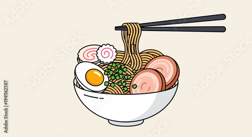 Delicious Ramen Noodles Bowl with Chopsticks, Japanese Food Illustration