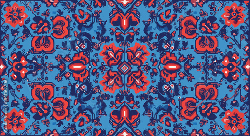 Vibrant ornamental textile pattern with bold red and blue floral motifs