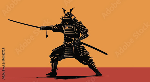 Silhouette of a Samurai Warrior in Action Pose with Sword, Japanese Culture