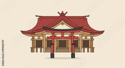 Traditional Japanese Shrine Torii Gate and Temple Building Illustration