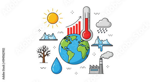 Global warming concept with earth surrounded by climate change icons and rising temperature