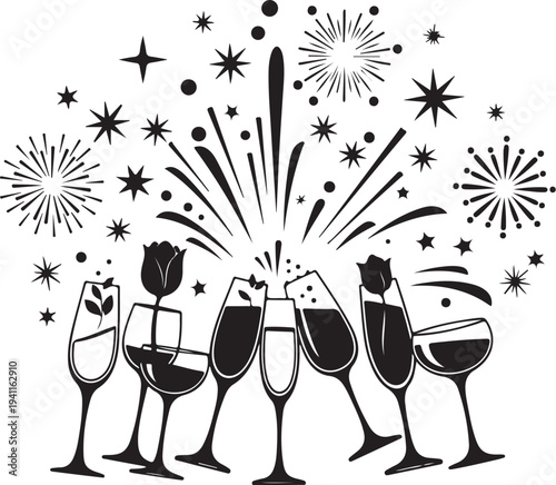 Celebration with champagne glasses and fireworks in black white