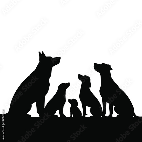 Minimalist black and white silhouette of five dogs sitting in a row
