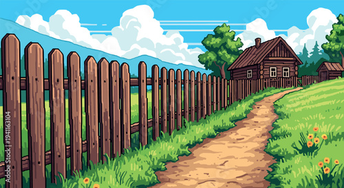 Charming country path with wooden fence and rustic house in pixel art style