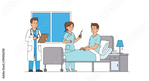 Medical team checking patient in hospital room with doctor and nurse attending sick man